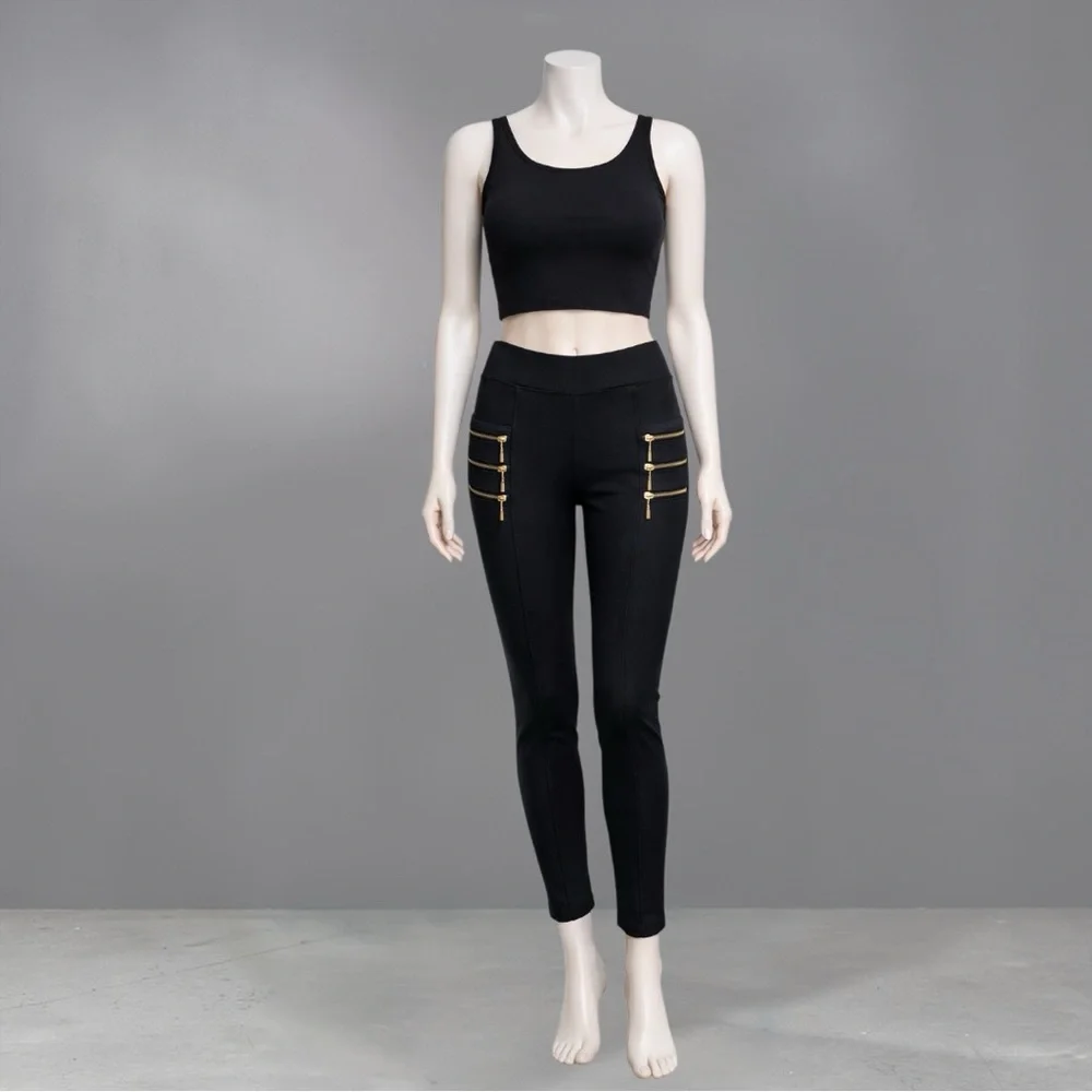 Women's Black High-Waist Slim Pants with Gold Zipper Detail